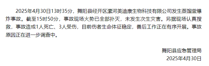 漯河市舞阳县应急管理局发布通报：经开区某公司发生蒸馏釜爆炸，致使1人不幸遇难、3人受伤