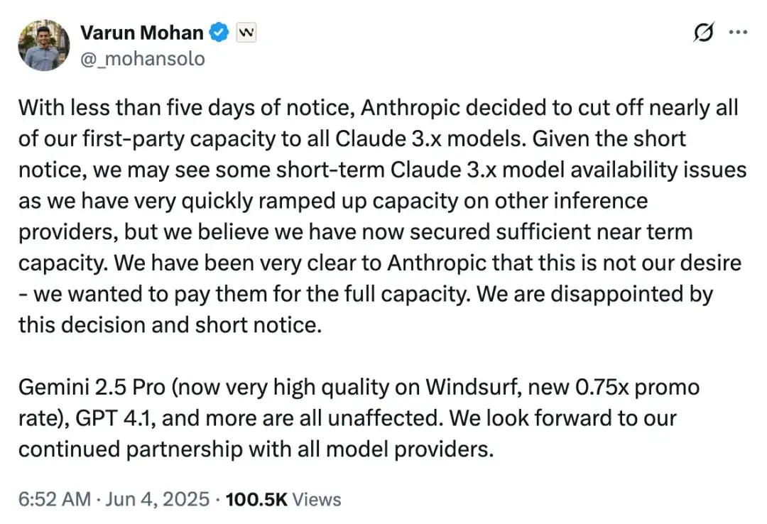 天塌了，Claude全面停止供货Windsurf！CEO痛哭呐喊无济于事，开发者纷纷选择退订，原因竟与OpenAI收购有关？