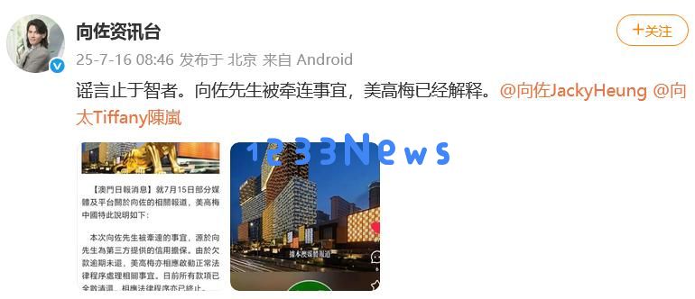 向太澄清“向家破产”谣言:依然拥有珠宝、豪宅和超过1000名员工,向佐全力支持