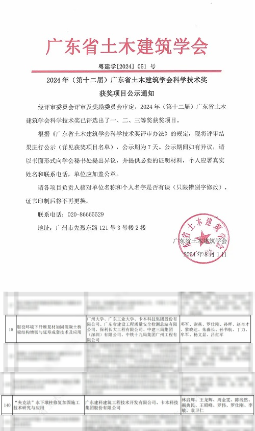 卡本桥梁加固修复技术获2024年广东省土木建筑学会2项科学技术奖_新闻热点
