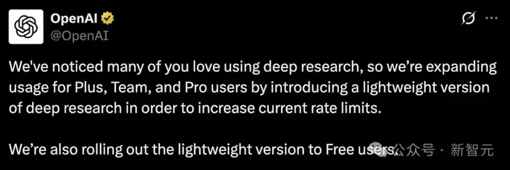免费用！OpenAI发布「轻量版」Deep Research，o4-mini加持