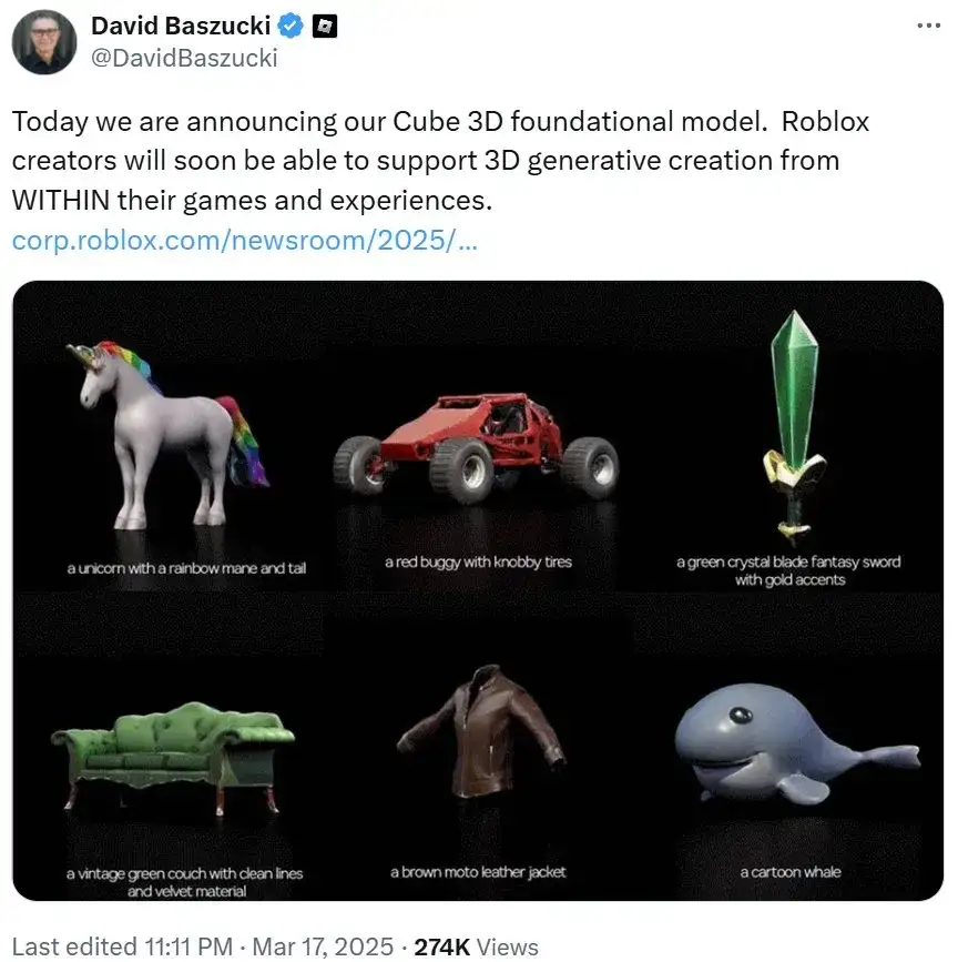 Roblox发布3D智能基础模型Cube，一句话生成游戏资产