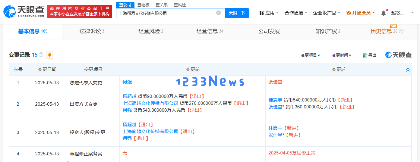 杨超越悄然退出栩泥文化传媒，股东名单在限消风波后出现重大变化