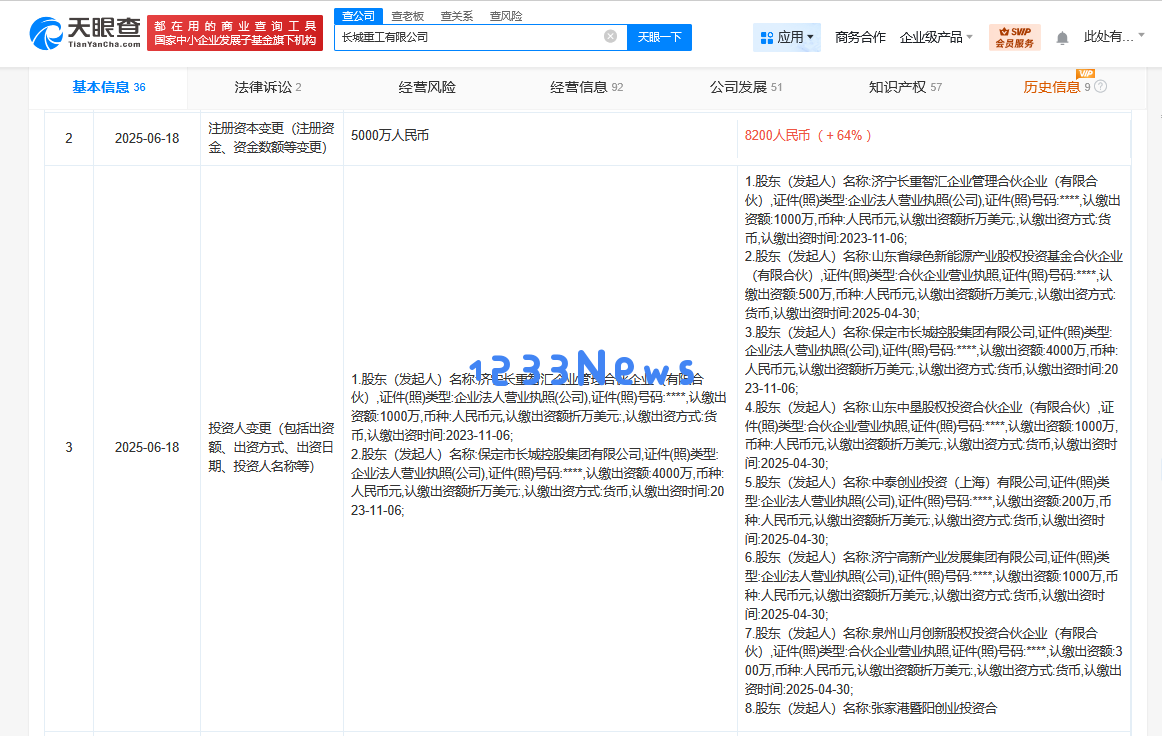 长城重工实施增资64%，公司资本总额快速增长至8200万元！