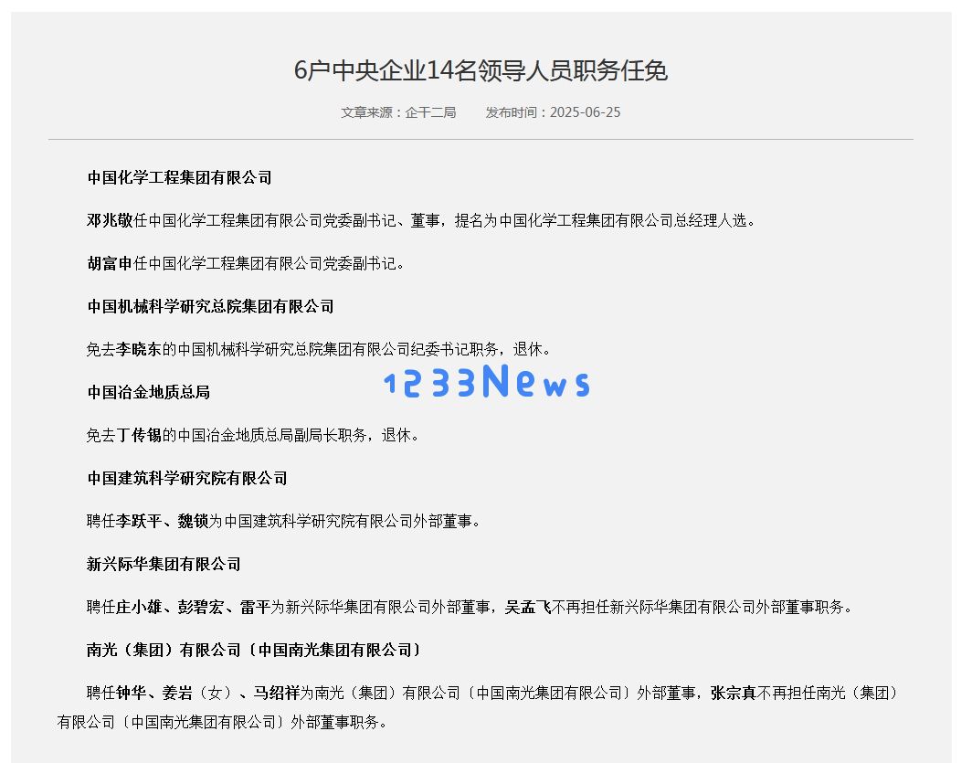 
6户中央企业14名领导人员职务任免：新一轮管理风暴来袭，你准备好了吗？
