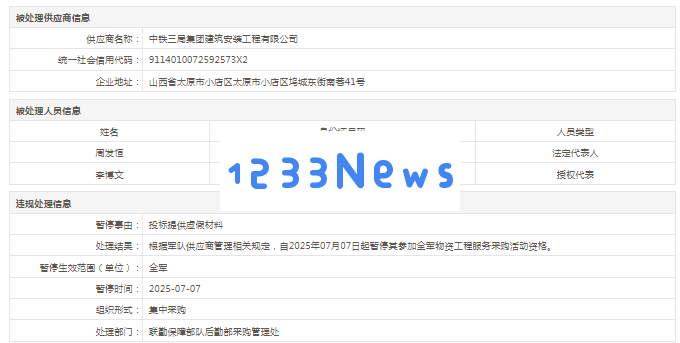中铁三局建安公司因虚假投标材料受到全军采购禁令处置