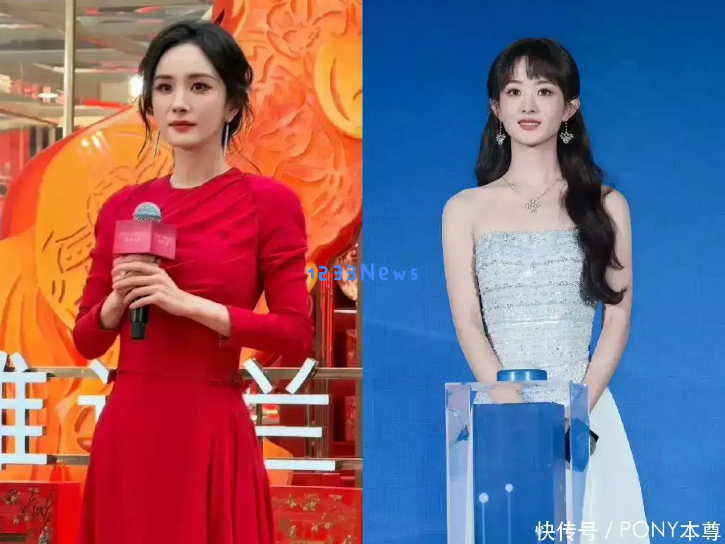杨幂与赵丽颖活动现场照片引热议！一身红裙一身蓝裙，各有独特魅力展现