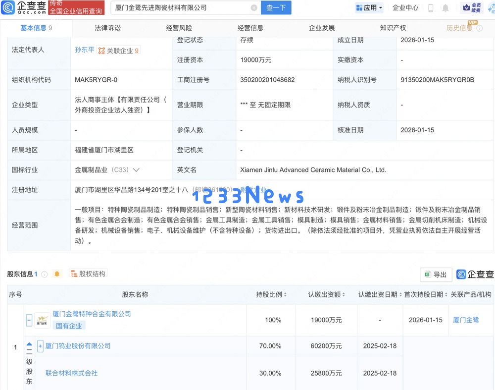 厦门钨业公司正式成立专注于先进陶瓷材料研发的全新子公司